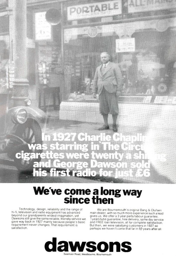 Article on George Dawson selling portable radios in 1927. Showing the heritage of Dawsons AV in the Audio Visual Market.