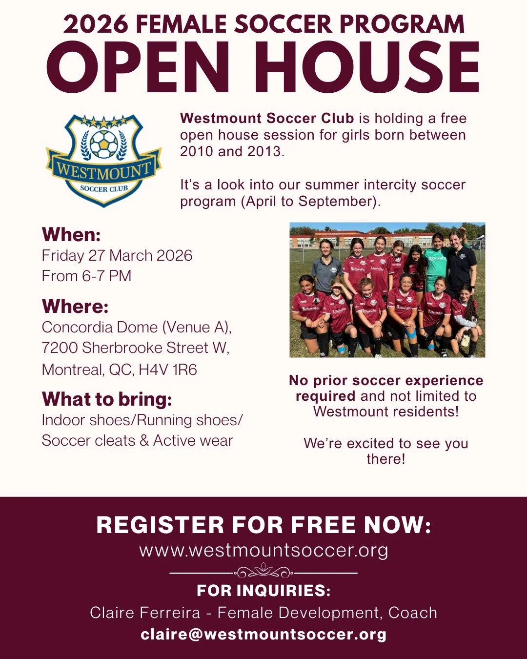 Curious about Westmount's summer program? Our female open house is a great way to try it out for yourself! 

Friday, 𝗠𝗮𝗿𝗰𝗵 27 at 6 PM
📍Concordia Dome (Venue A) (7200 Sherbrooke Street W, Montreal)

Female players born between 2010 and 2013 are 