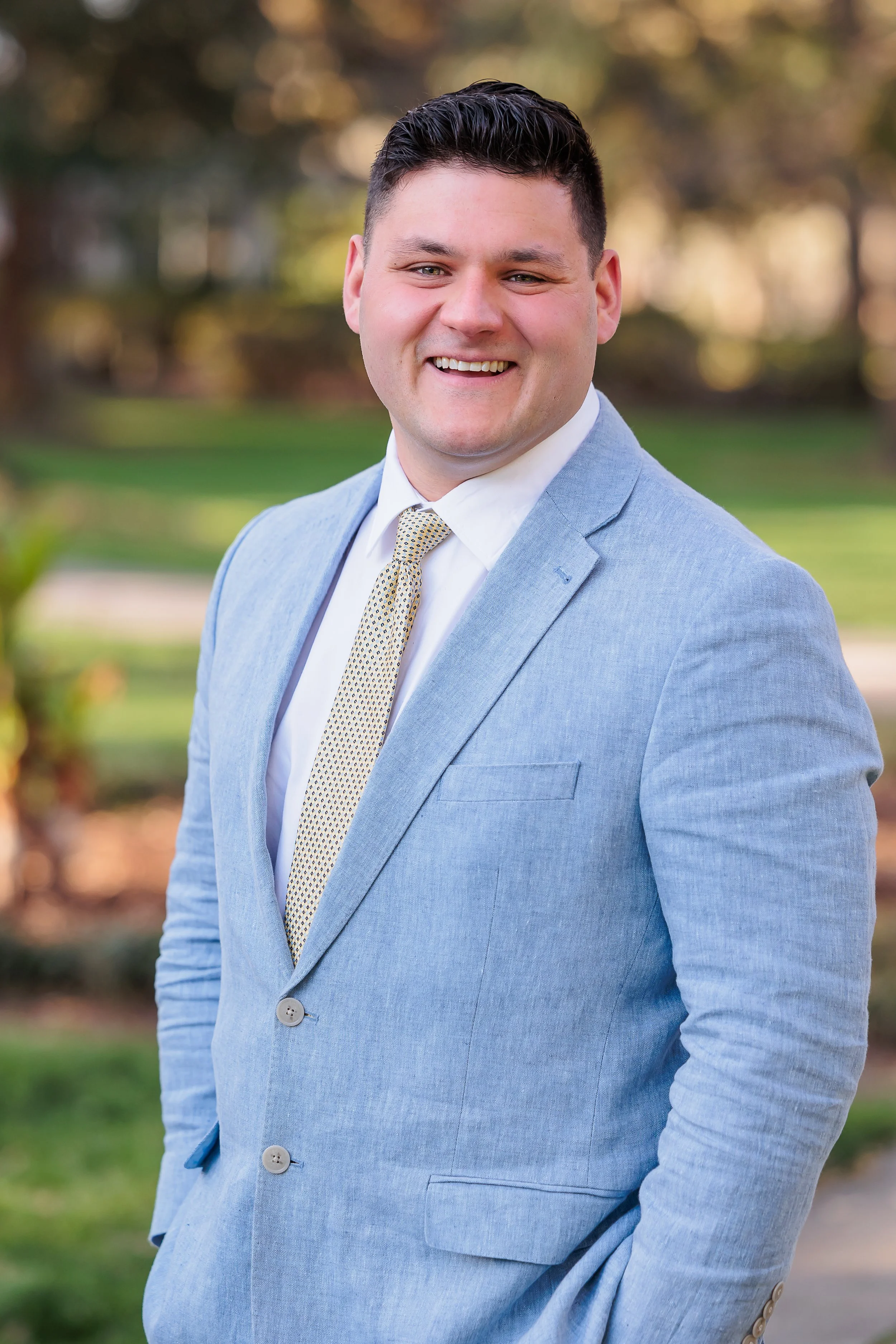 Savannah, GA, Professional Headshot Photographer, Lisa Barksdale, a man in a light blue suite in Forsyth Park.