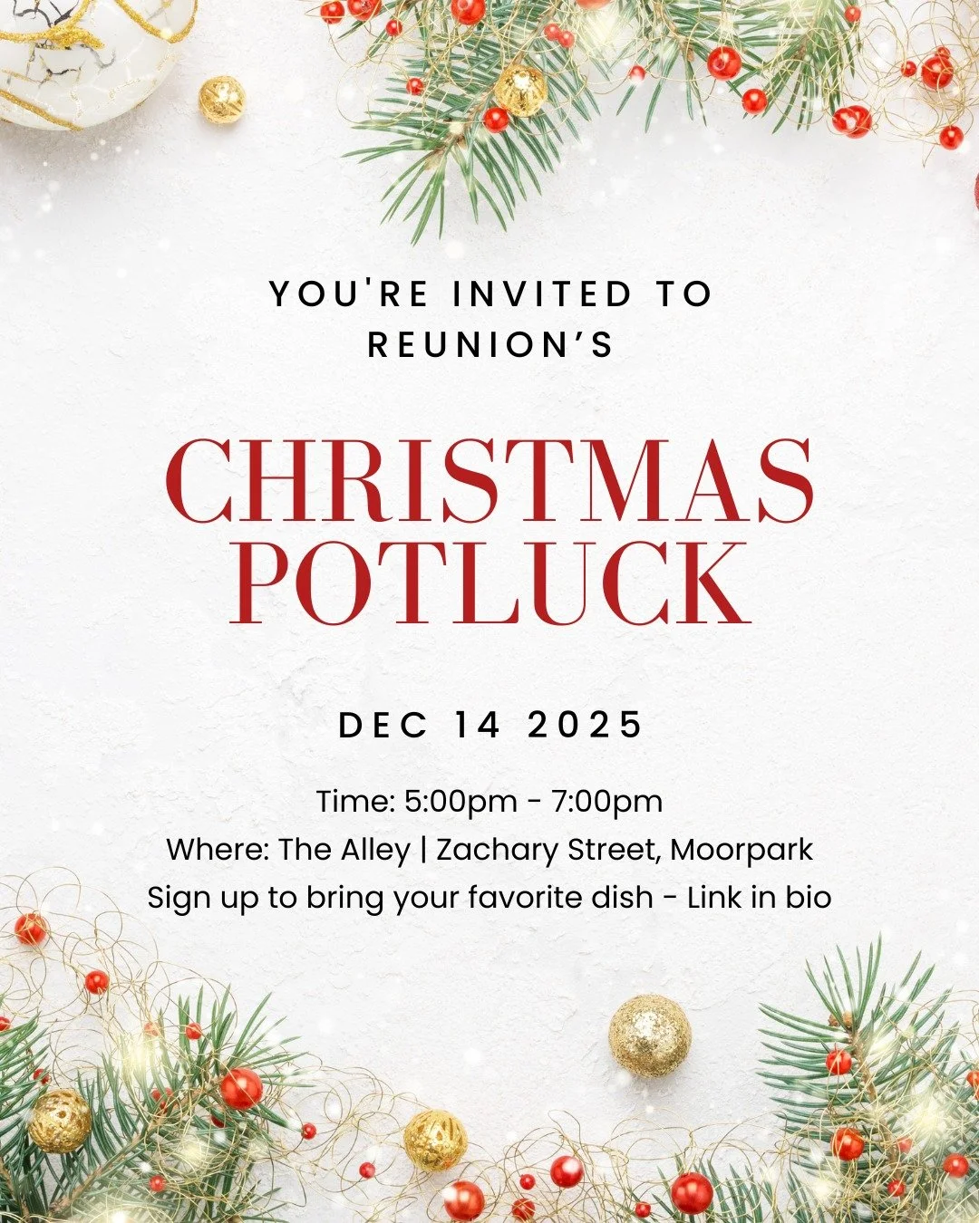 Join us for a joyful evening as we celebrate the Christmas season together as a church family! We&rsquo;ll share a delicious potluck meal, festive fun, and plenty of Christmas cheer.

To help us prepare, please sign up (link in bio) to bring a main o