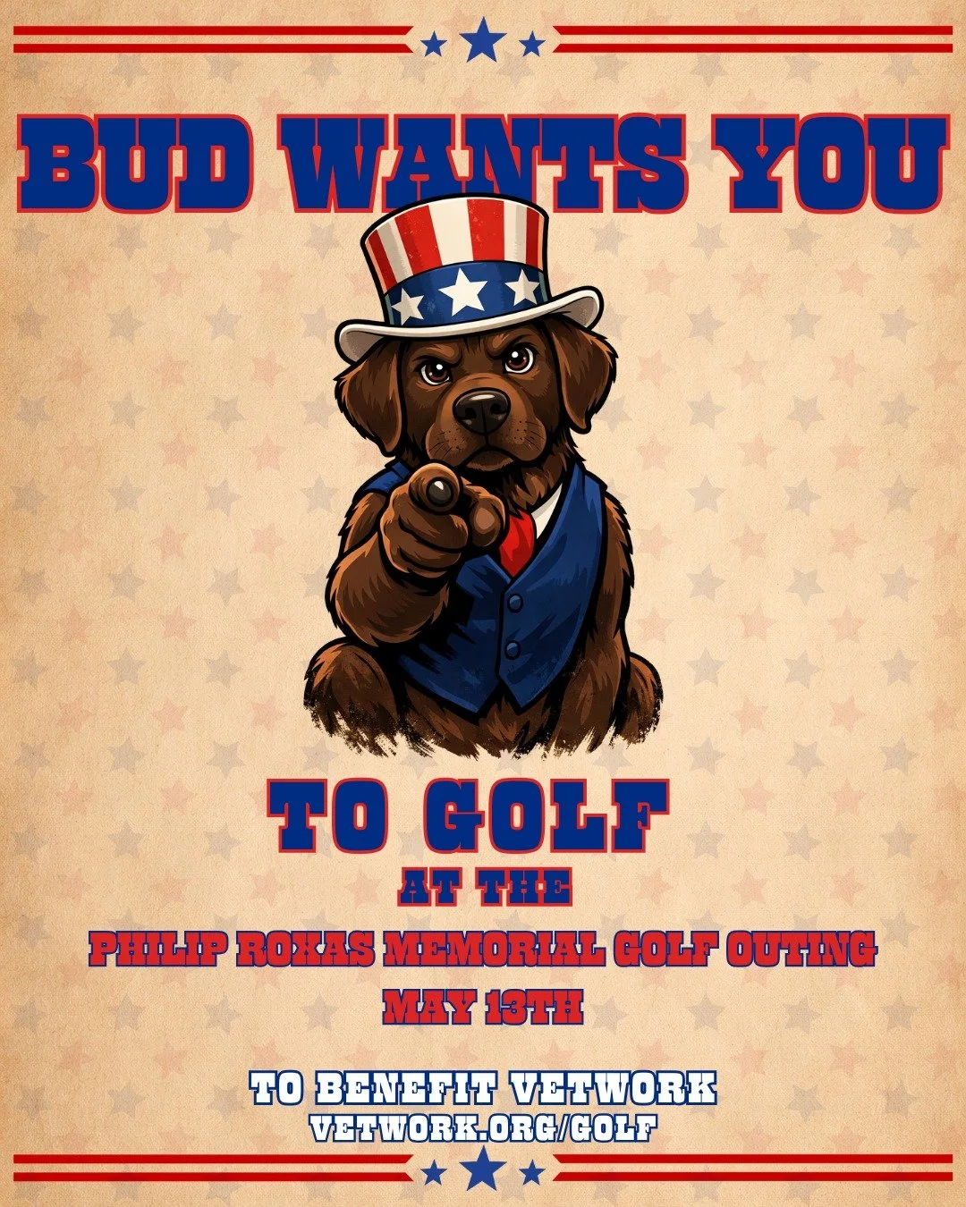 Bud wants YOU... to golf. Swipe for all the details.

2nd Annual Philip Roxas Memorial Golf Outing &mdash; May 13th at Bey Lea Golf Course. 

Honoring a proud USAF veteran. Supporting Vetwork's mission to serve veterans in need.

Grab your foursome -