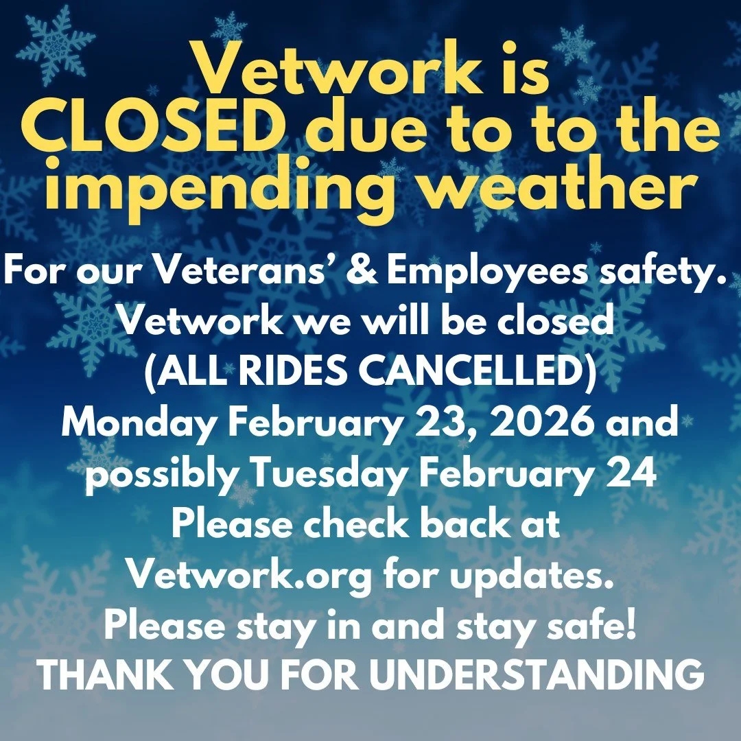 Vetwork will be closed Monday February 23, and possibly Tuesday February 24 (Depending on the roads) All rides have been cancelled for Monday and Tuesday.  Thank you for understanding