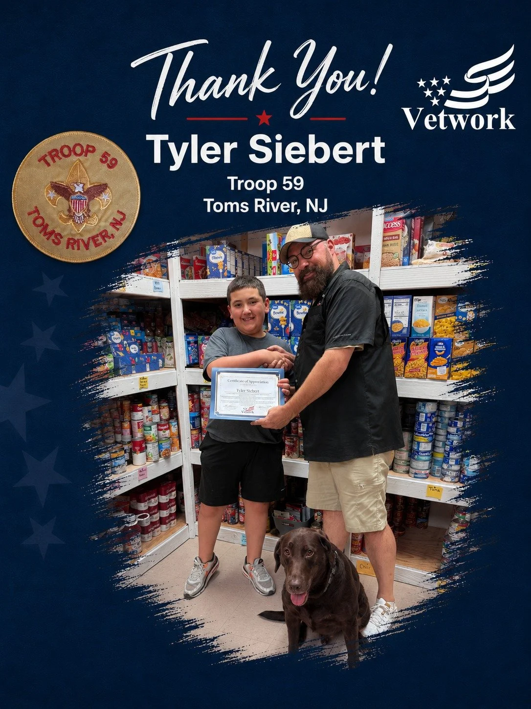 A big thank you to Tyler Siebert of Boy Scout Troop 59 in Toms River for volunteering at the Bill Reeves Food Pantry! Tyler spent time helping stock shelves and was presented with a Certificate of Appreciation for his efforts and dedication to servin