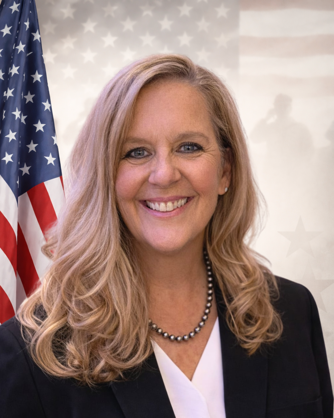 A woman smiling, standing in front of American flag