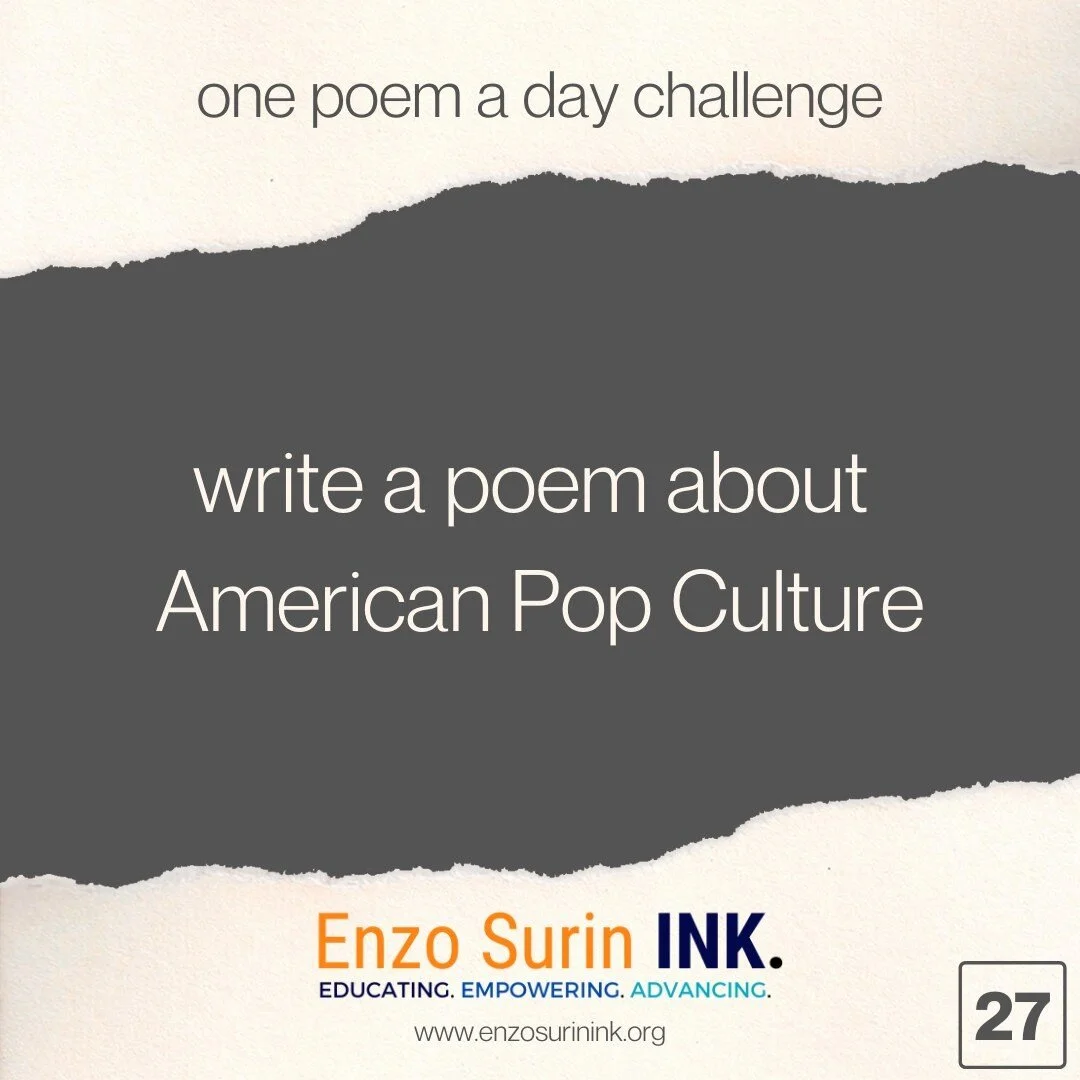 Today&rsquo;s assignment is to write a poem about American Pop Culture. Feel free to use whatever comes to mind for you when you think about American Pop Culture; from music, to movies to fashion.

-

Happy Writing!

#culture #popculture #americanpop