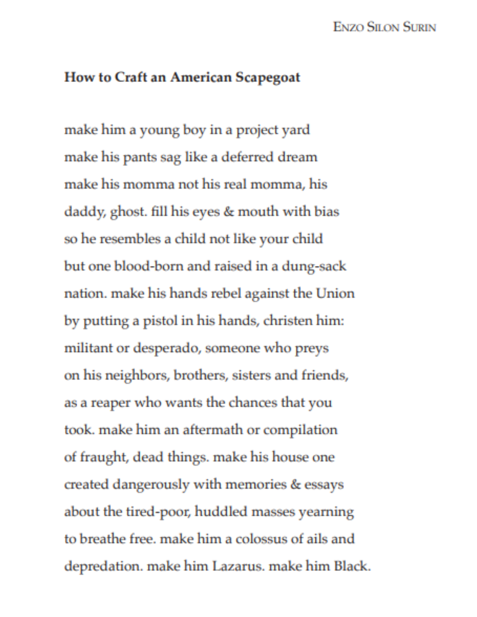 Poem titled 'How to Craft an American Scapegoat' by Enzo Silon Surin