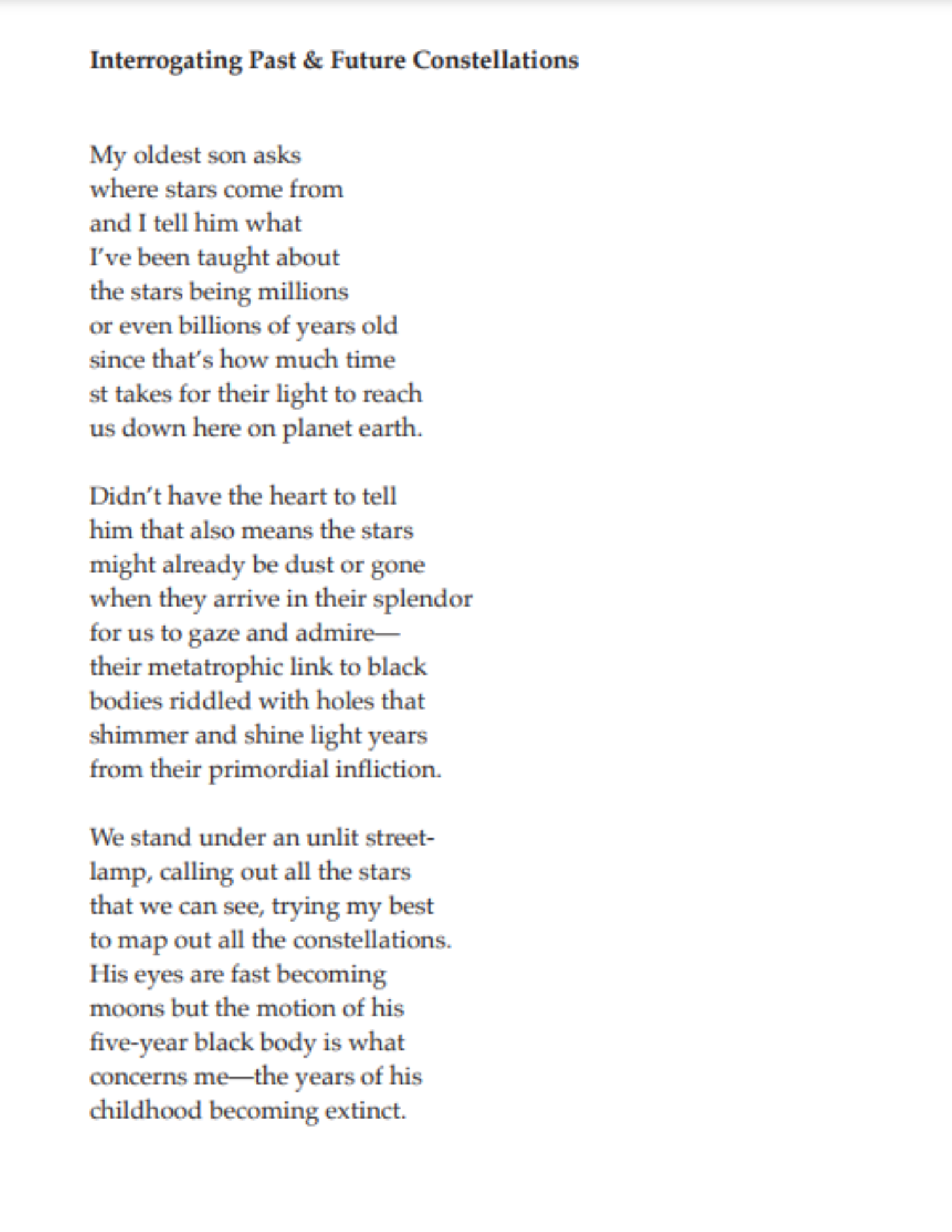 Poem titled 'Interrogating Past & Future Constellations' discussing the origin of stars, their light travel time, and a father-son moment under the stars, reflecting on time and childhood.