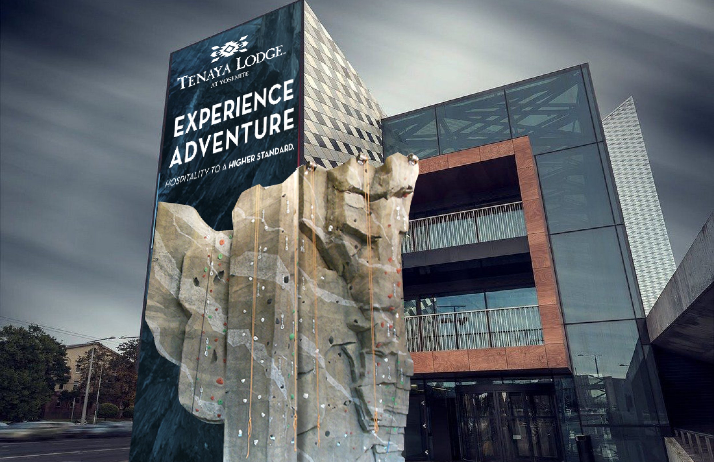 Rock climbing wall integrated into billboard