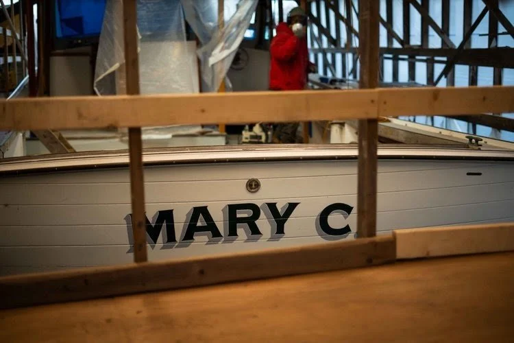 &ldquo;Mary C&rdquo; is a classic Downeast-style lobster boat, built by George Emory in Maine for offshore sport fishing. After years chasing tuna, her main teak deck had worn down and needed replacement. Christopher is laying down a new Iroko deck i