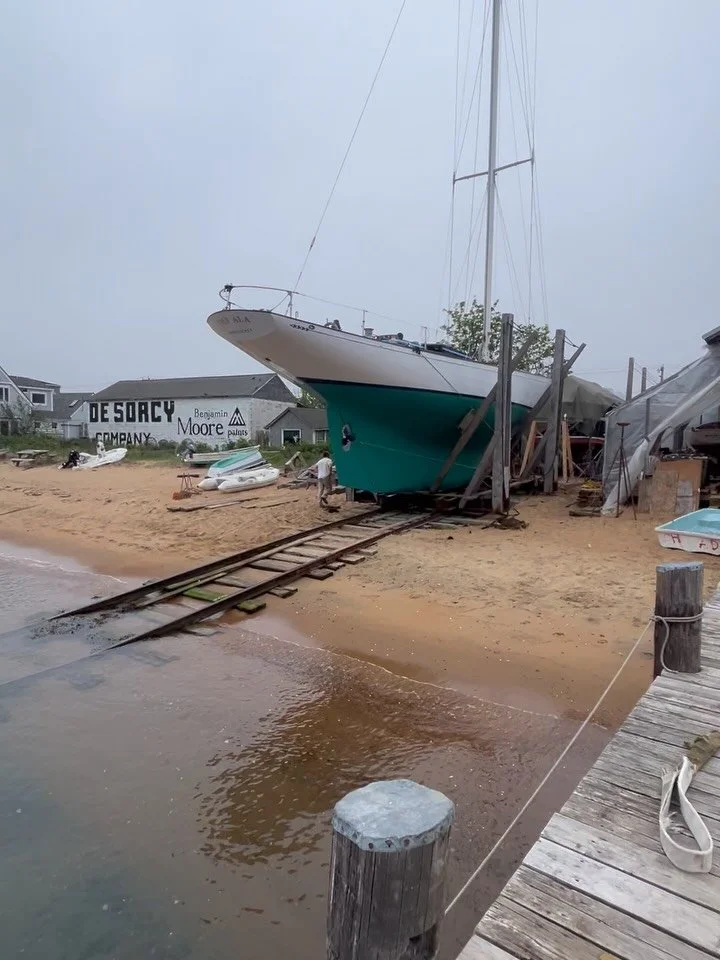 After completing this winter&rsquo;s hull repair, cosmetic overhaul, electric and mechanical refit, the 57-foot @sparkman_and_stephens yawl &ldquo;Impala&rdquo; returns to the water via our marine railway.