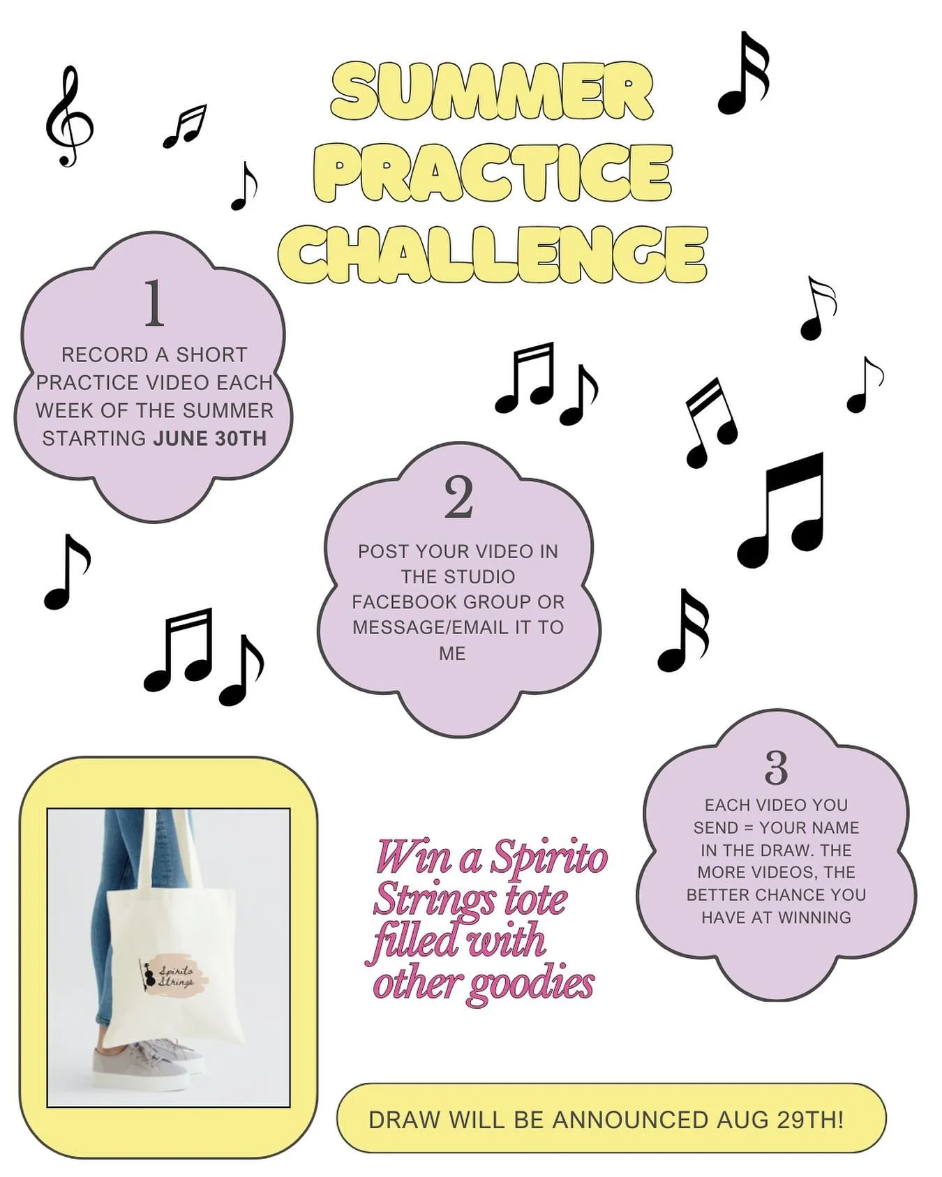 Calling all Spirito Strings Students: it&rsquo;s time again for the summer practice challenge! Starting on Monday June 30th 🎻🎹🎼 post your practice videos in the student/parent group or send them to me, each video = 1 entry in the draw for prizes a