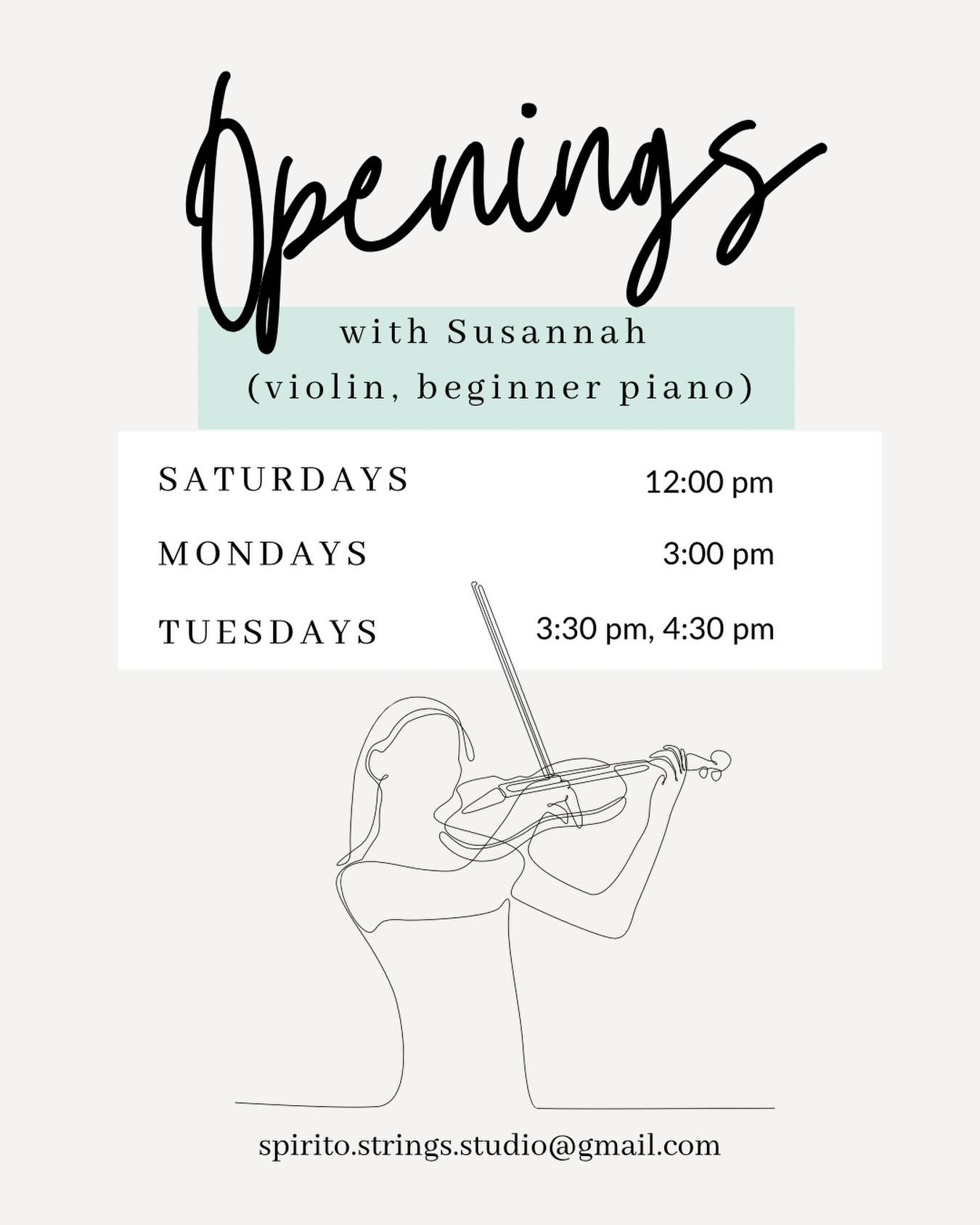 A new spot has opened up (4:30 on Tuesdays) in addition to the other openings 🎻🎹