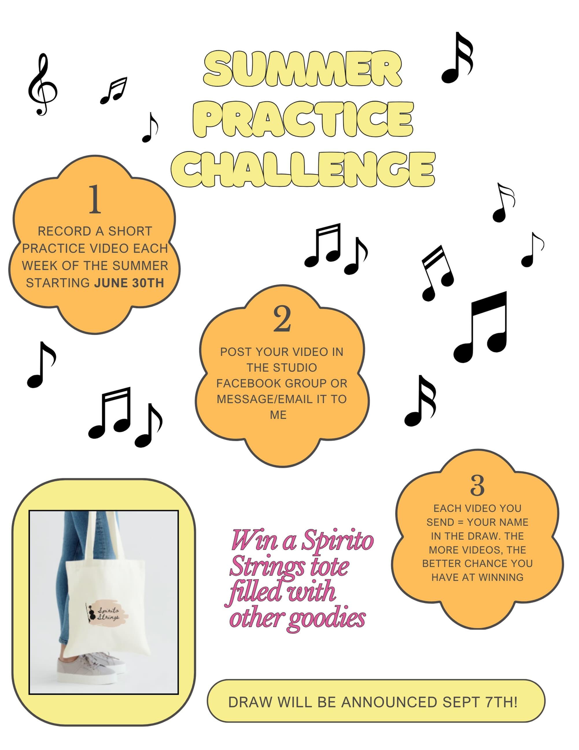 It is time once again to start the summer practice challenge, open to all Spirito Strings students! 🎻🎶🎹 Each time you submit a practice video, your name gets put in a draw to win a tote bag filled with other treats! Let&rsquo;s stay motivated and 