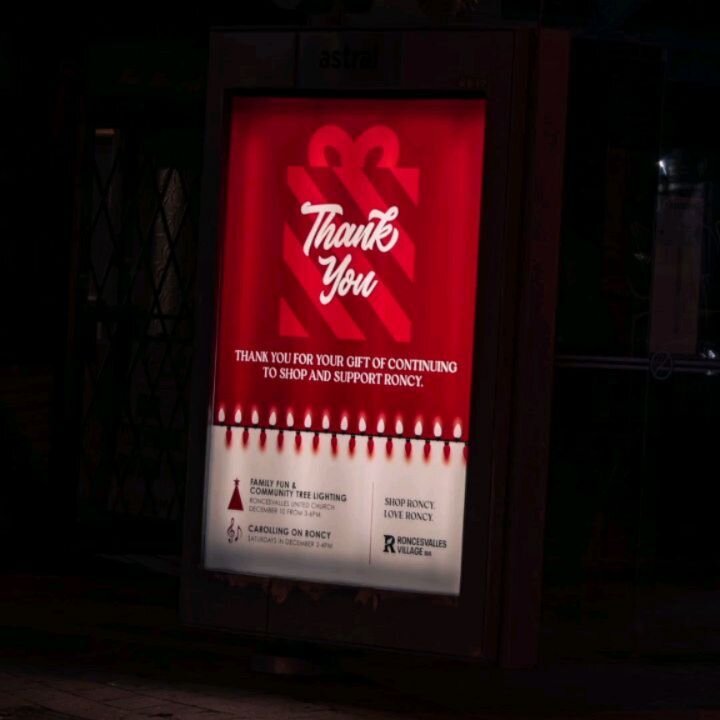 Some community love! ❤️ It was a pleasure to work with the local neighborhood @roncesvillage creating thier holiday season campaign. Transit shelters and pre-roll animation at @revuecinema are now on display. ☃️❄️ 
.
#design #animation #torontodesign