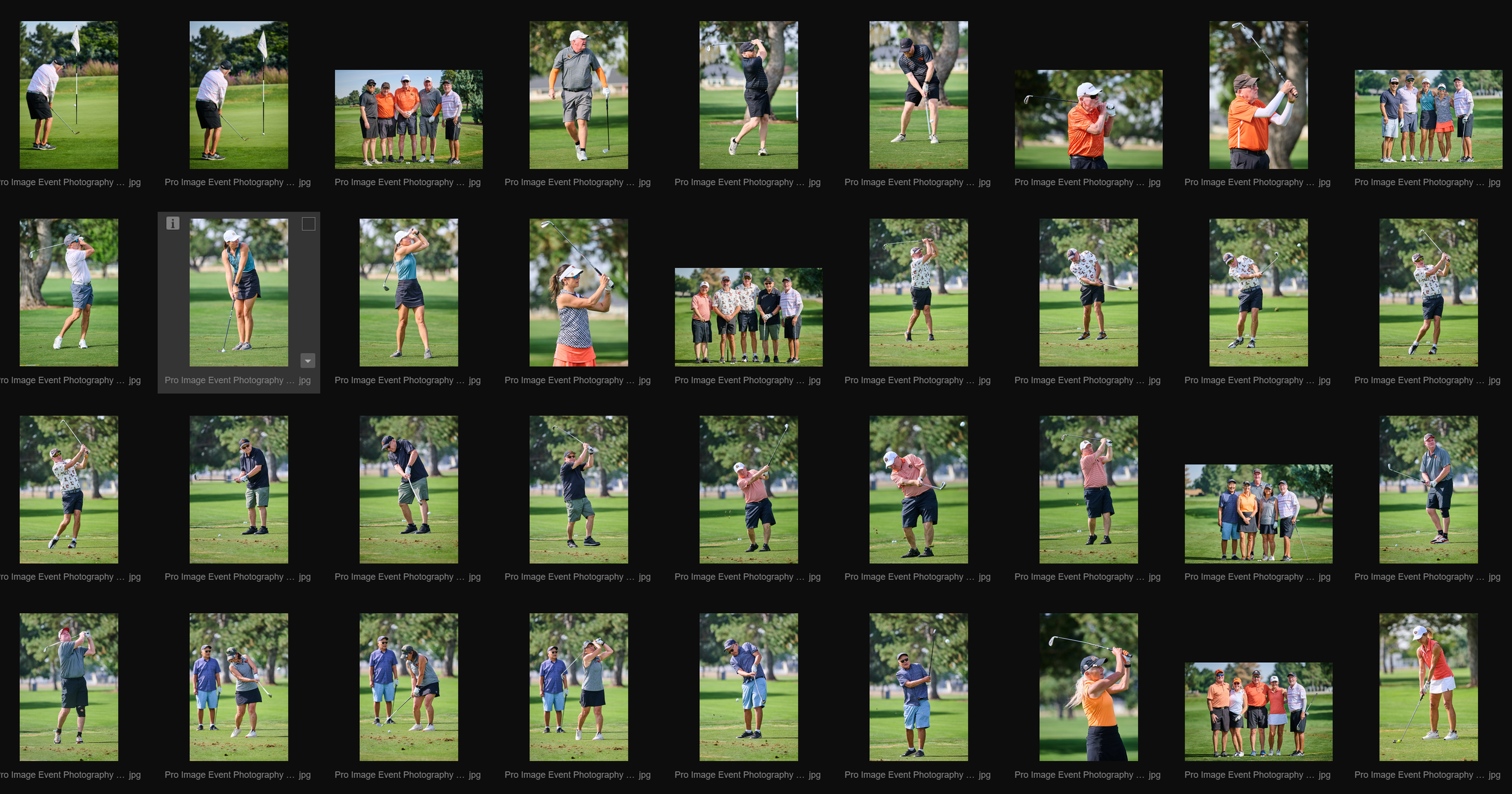 A collage of photos showing people playing golf, preparing to swing, and posing on a golf course with trees and green grass.