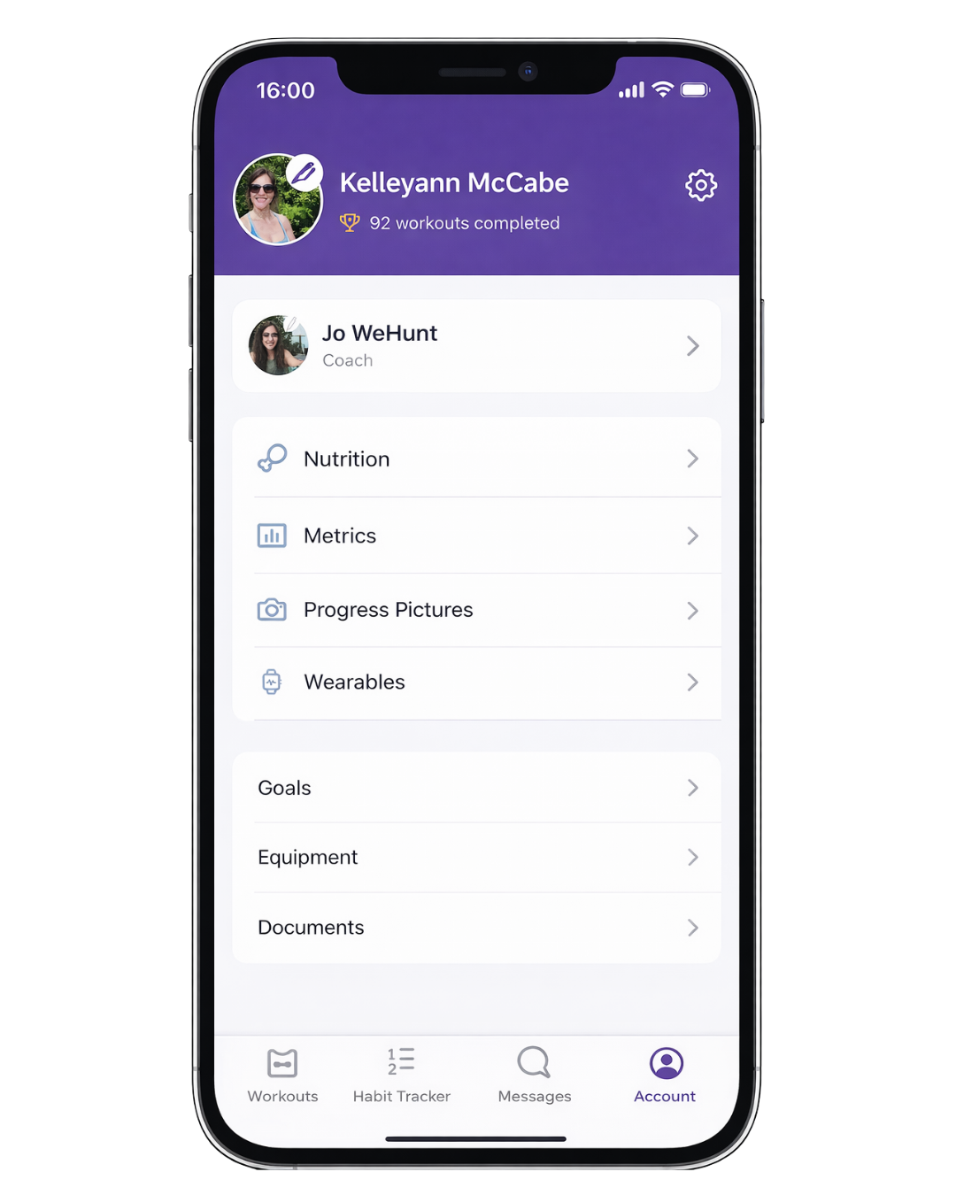 Mobile app screen showing a user's profile with name Kelleyann McCabe, 92 workouts completed, and menu options such as Nutrition, Metrics, Progress Pictures, Wearables, Goals, Equipment, and Documents. Bottom navigation bar includes Workouts, Habit Tracker, Messages, and Account icons.