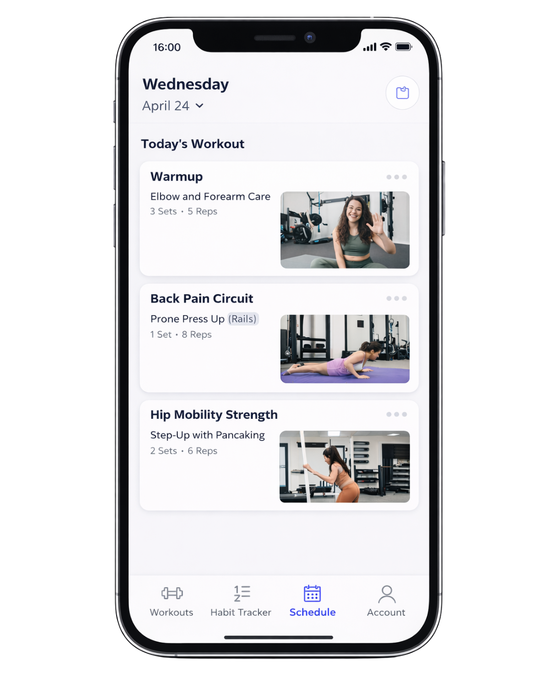 Smartphone screen displaying a workout app schedule for Wednesday, April 24, with details of warmup, back pain circuit, and hip mobility strength exercises, each with accompanying images.
