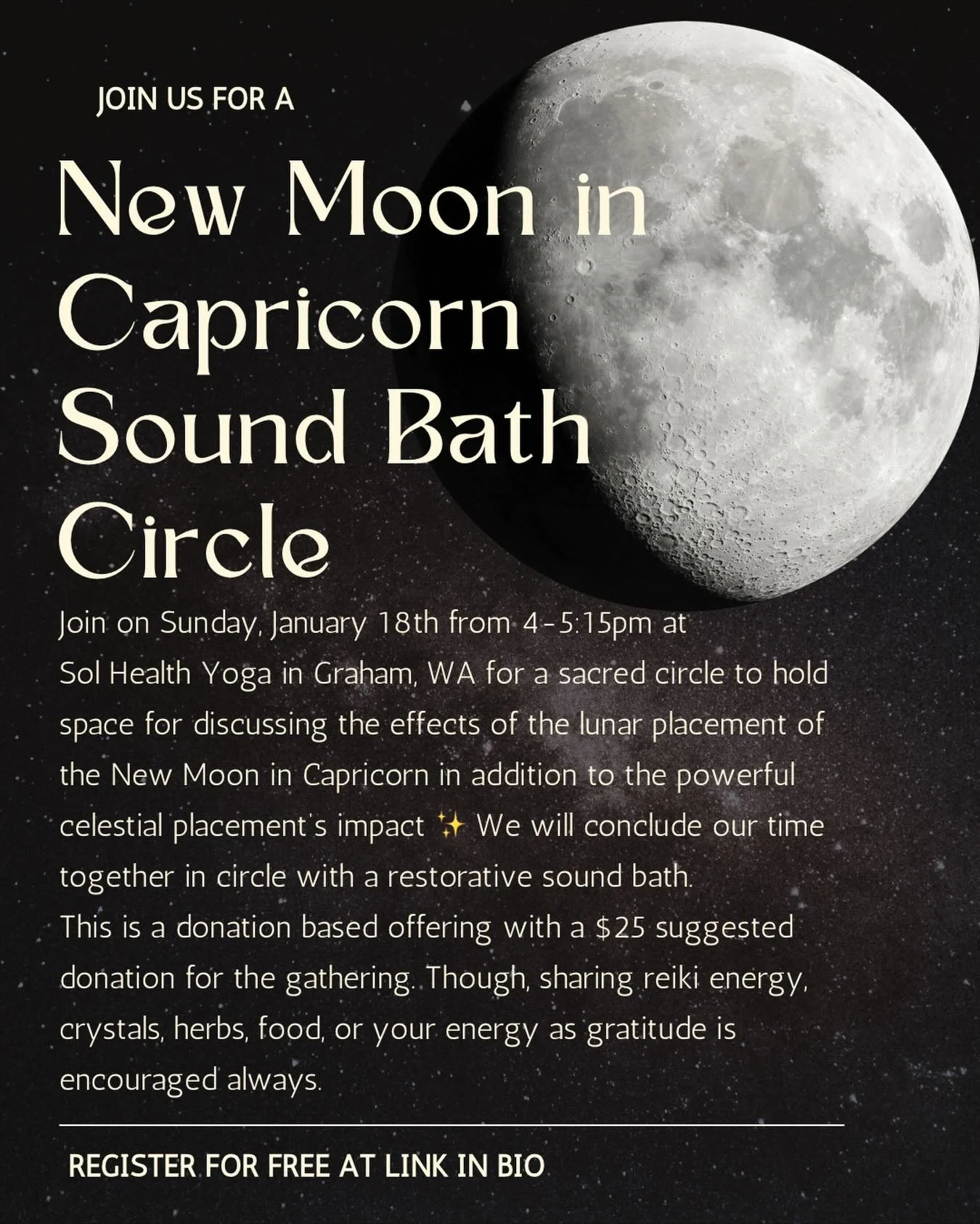 Join us this coming Sunday, January 18th from 4-5:15pm for a sacred circle to hold space for discussing the effects of the lunar placement of the New Moon in Capricorn in addition to the powerful celestial placement&rsquo;s impact ✨ If it feels in al