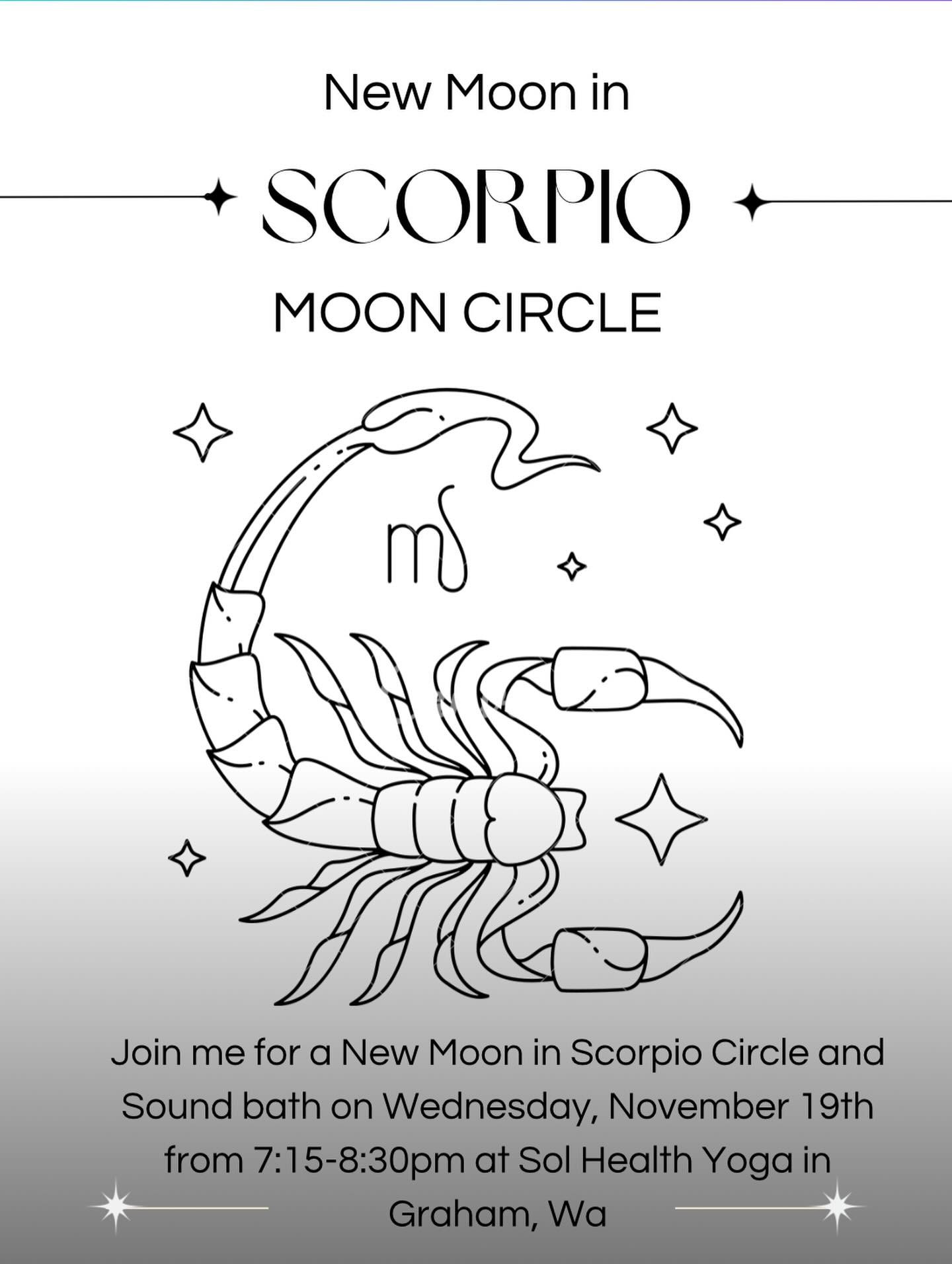 Join me today for a new moon 🌚 in Scorpio ♏️ sound bath and moon circle gathering @solhealth in Graham, Wa from 7:15-8:30pm. Gather in community to dive into the depths of sound, shadow, unveiling truth, and rebirth in alignment with the powerful wa