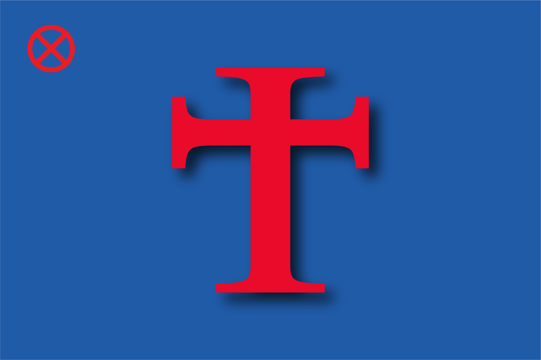 Flag featuring a large red cross in the center and a red X in a circle in the top left corner on a blue background.