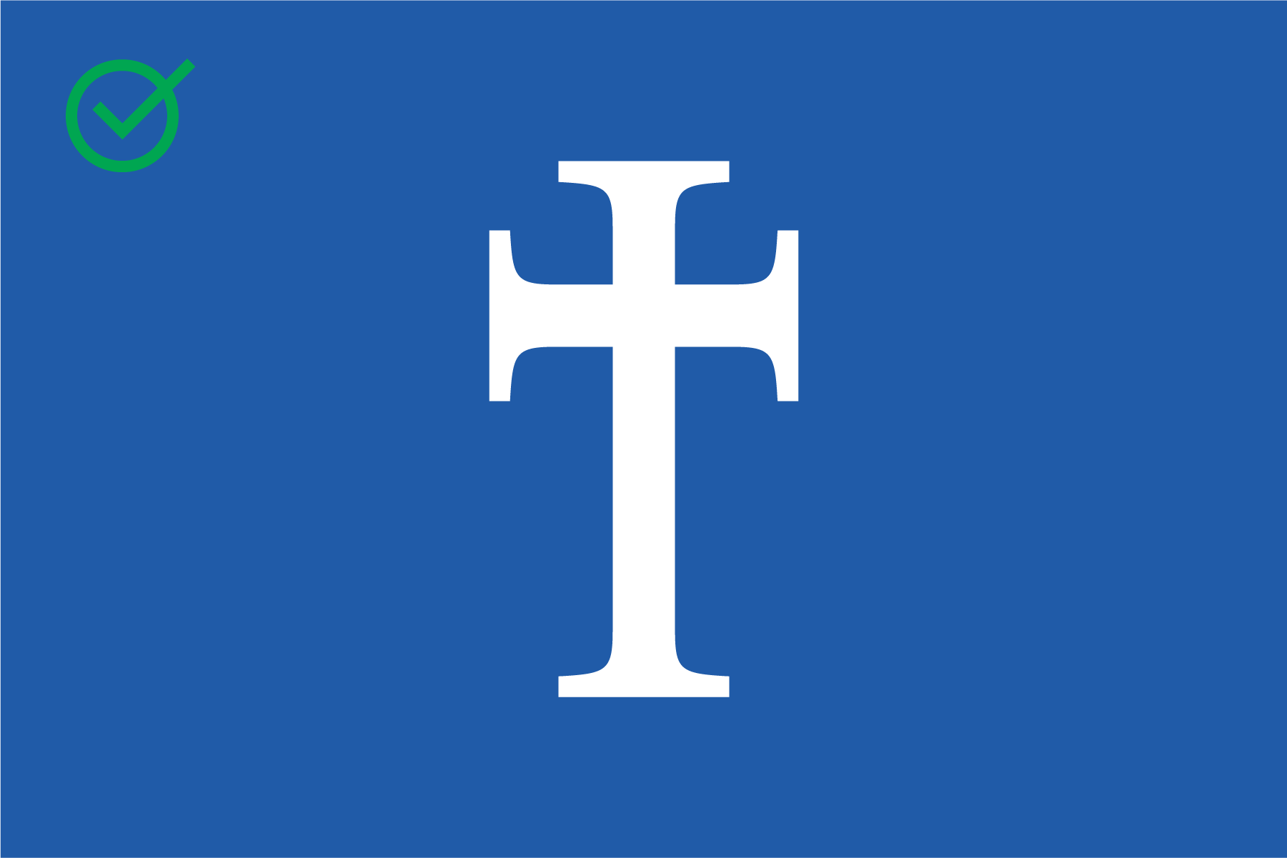 A flag with a blue background, featuring a white cross and a stylized white cross at the center. A green checkmark inside a green circle is in the top left corner.