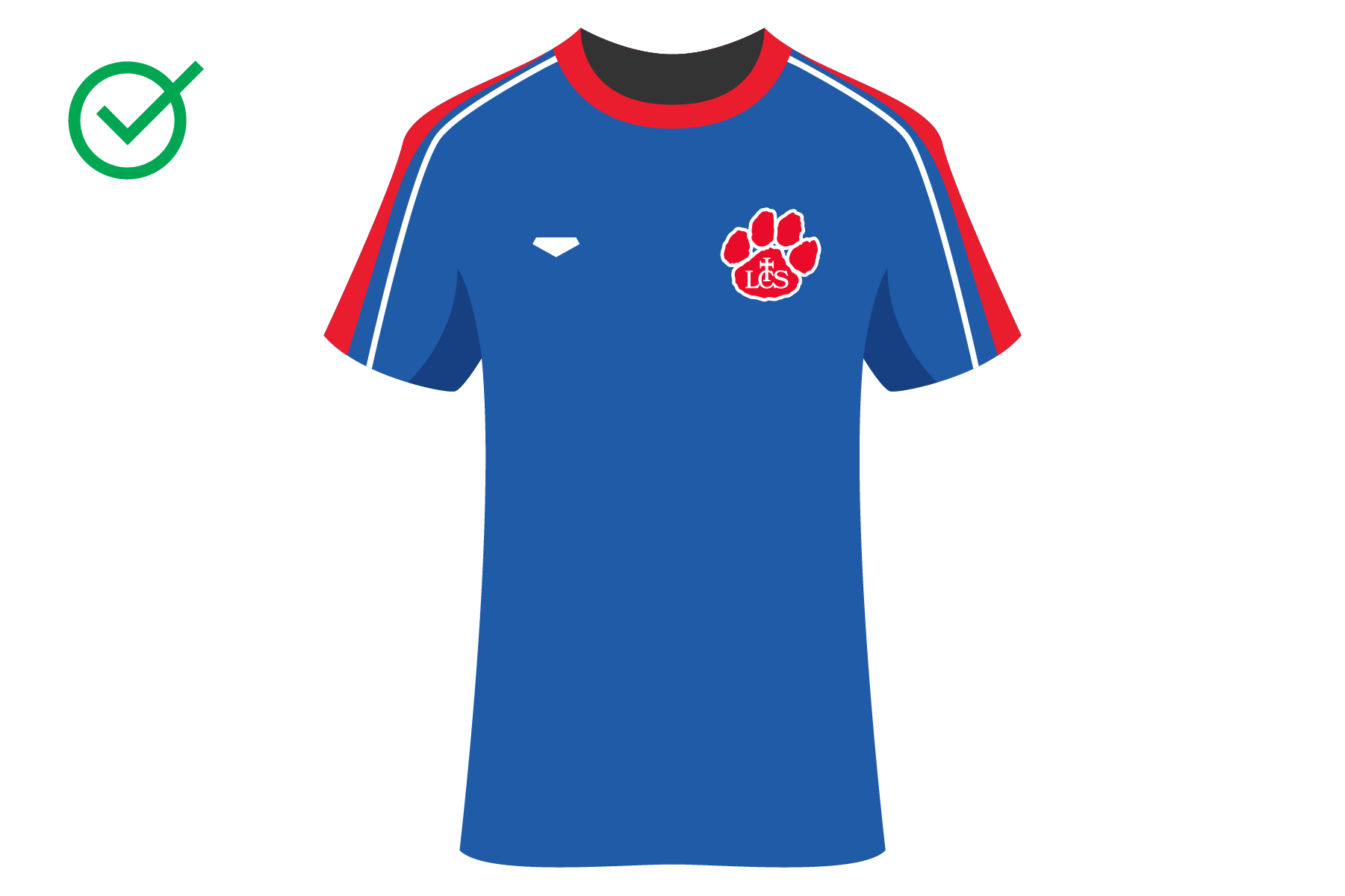 Digital illustration of a blue sports jersey with red and white accents, featuring a paw print logo with 'LIS' on the chest.