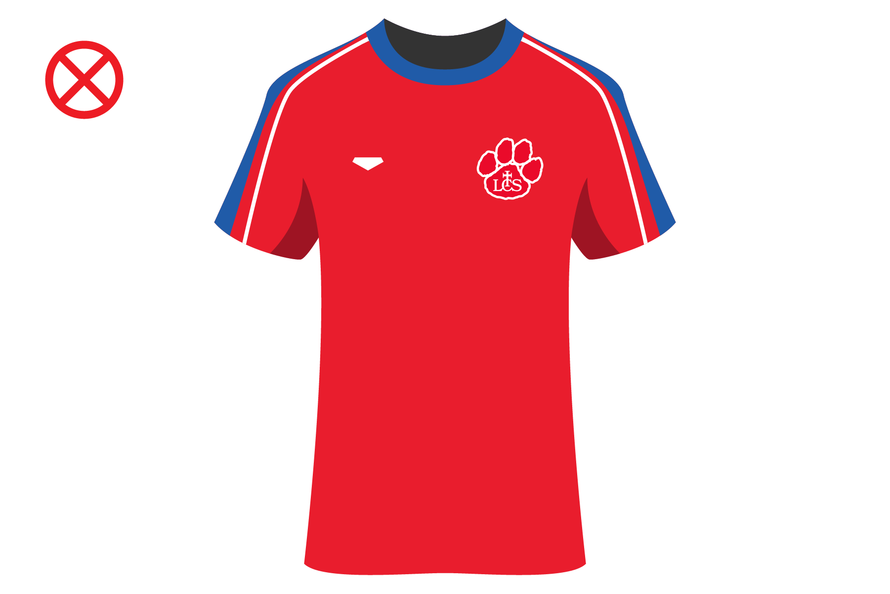 Red athletic shirt with blue and white stripes on the shoulders, a paw print logo with letters inside on the left chest, and a small white brand logo on the right chest.