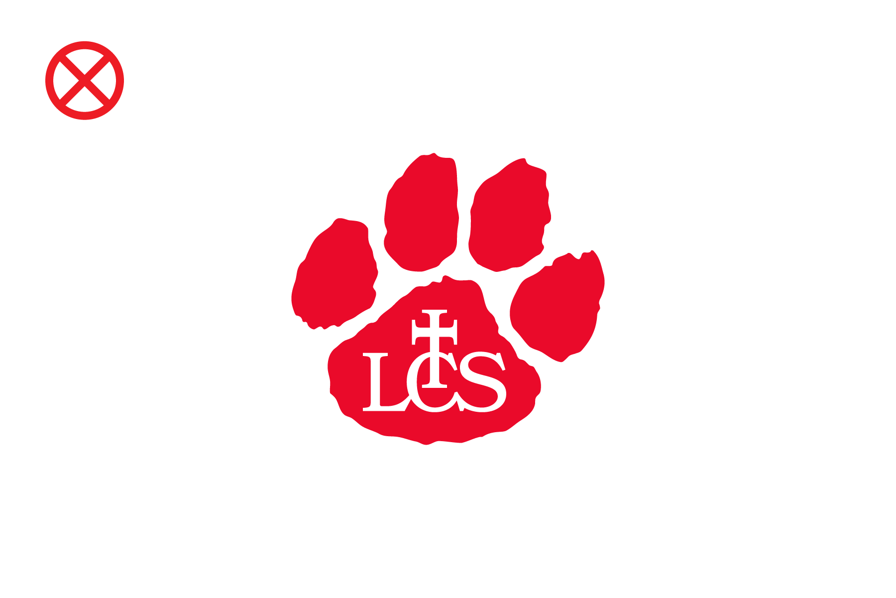 A red paw print symbol with the letters 'LCS' and a cross inside the lower pad, set against a white background.