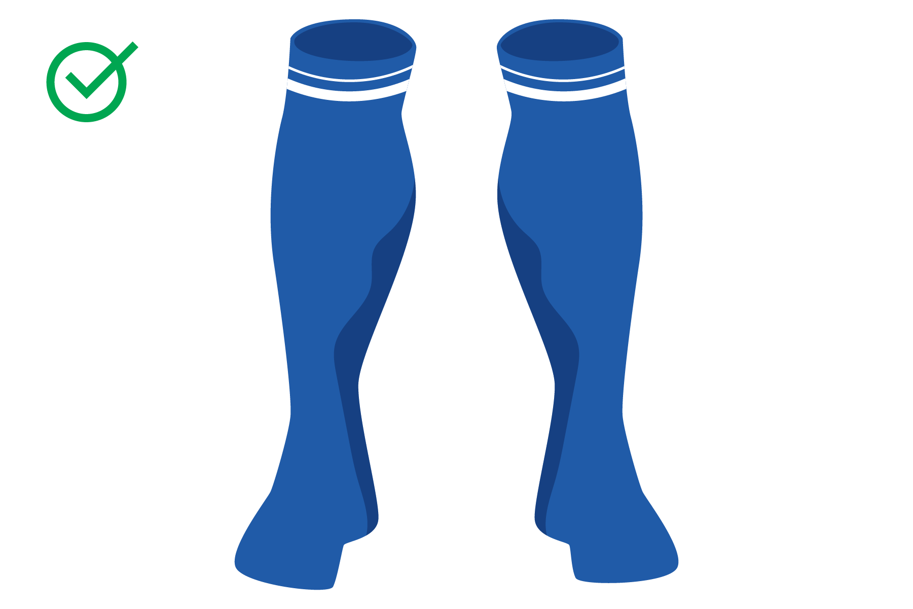Illustration of a pair of blue socks with white stripes at the top, indicating proper fit.