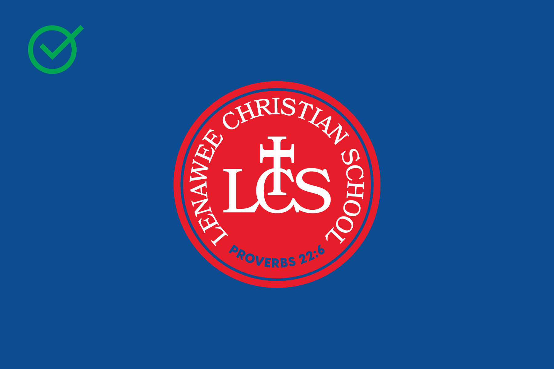 Flag of Leawood Christian School with a red circular emblem in the center, featuring a white cross and the letters LCS, on a blue background with a green checkmark in the top left corner.