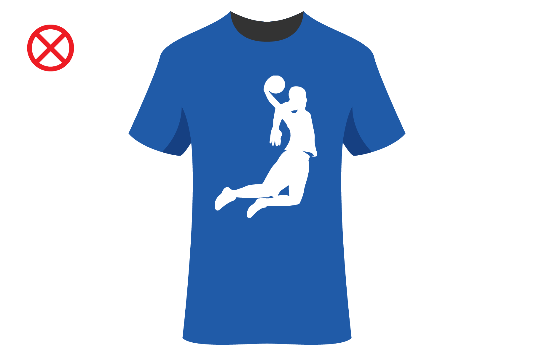 Blue T-shirt with a silhouette of a basketball player dunking a ball in white.