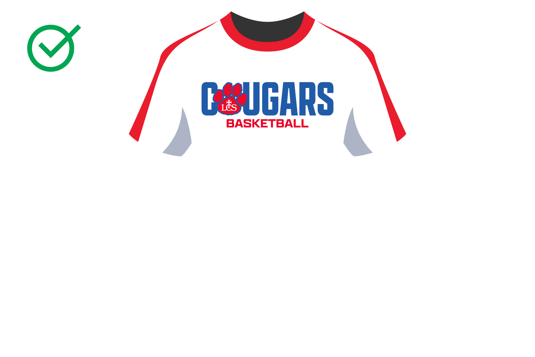 White basketball T-shirt with red and blue text that reads 'Cougars Basketball' and a cougar paw print with a logo on it.