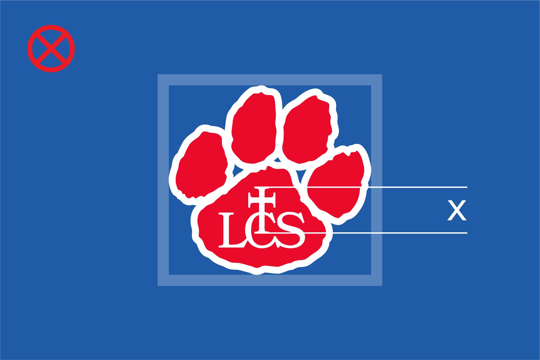 Graphic of a blue background with a paw print in the center, outlined in white and filled with red, containing the letters 'LCS' in white. A red circle with a diagonal line crosses out a symbol in the top left corner.