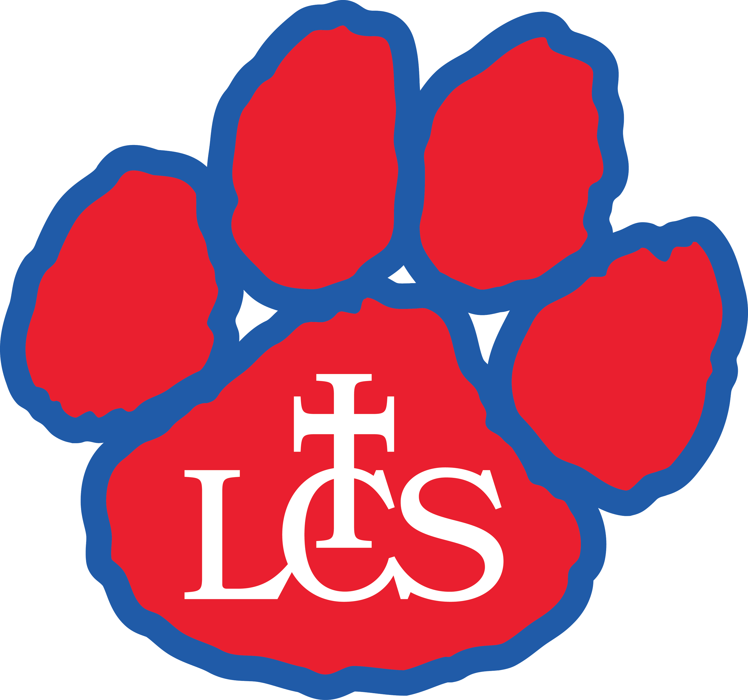 A red paw print with a blue outline featuring the white acronym 'LCS' inside, with a Christian cross above the 'L'.