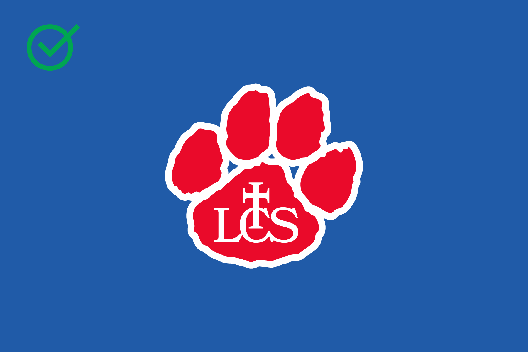 A blue background with a red paw print outlined in white, containing the letters 'LCS' and a cross symbol.