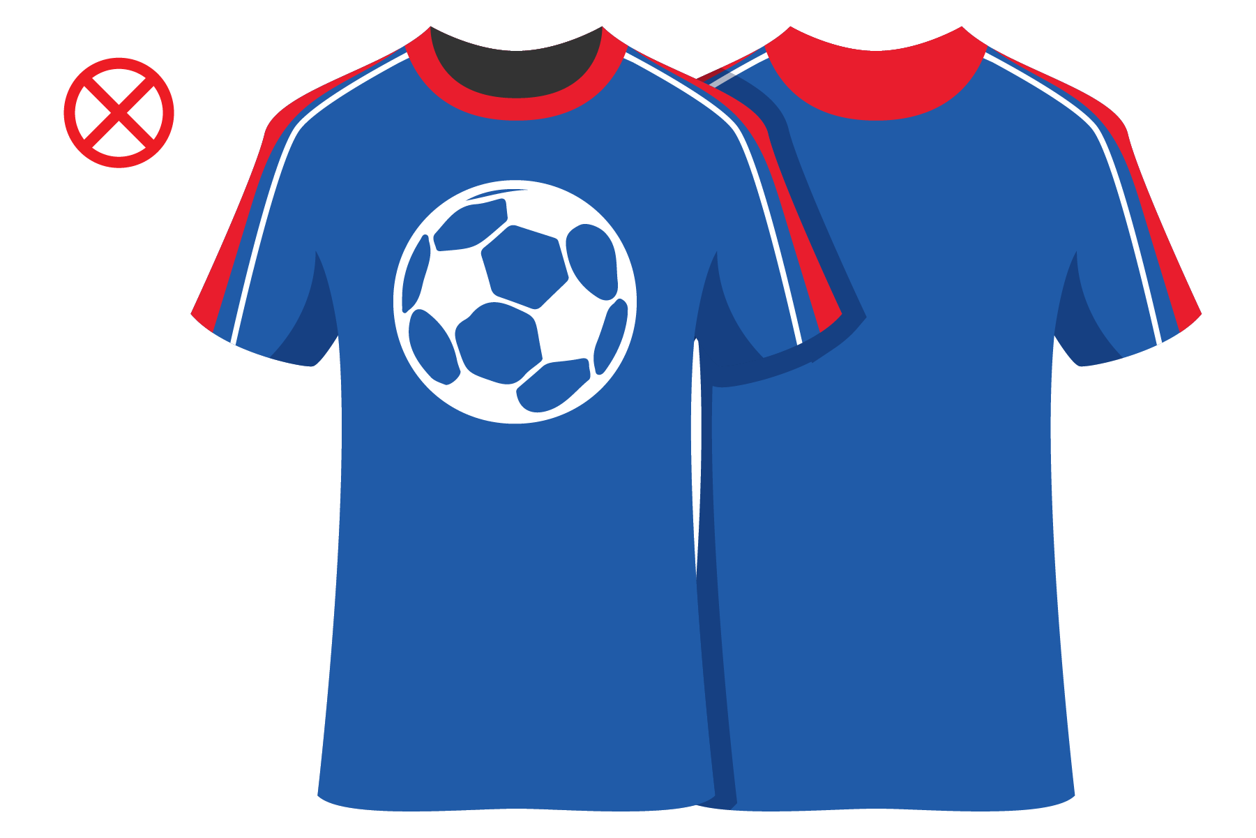 Illustration of two blue soccer jerseys with red and white stripes on the shoulders, one featuring a soccer ball graphic on the front, and the other plain