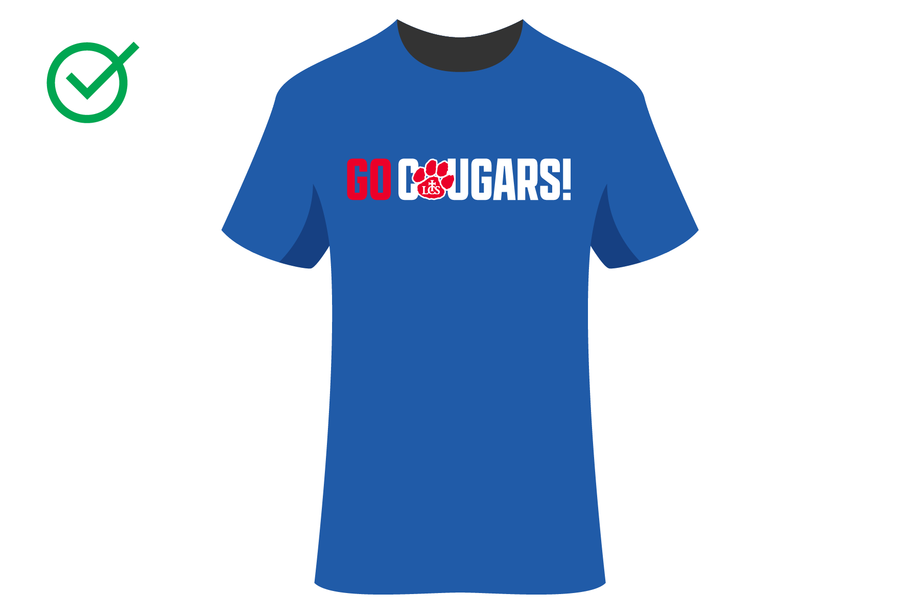 Blue T-shirt with the text 'Go Cougars!' and a paw print logo in red and white.