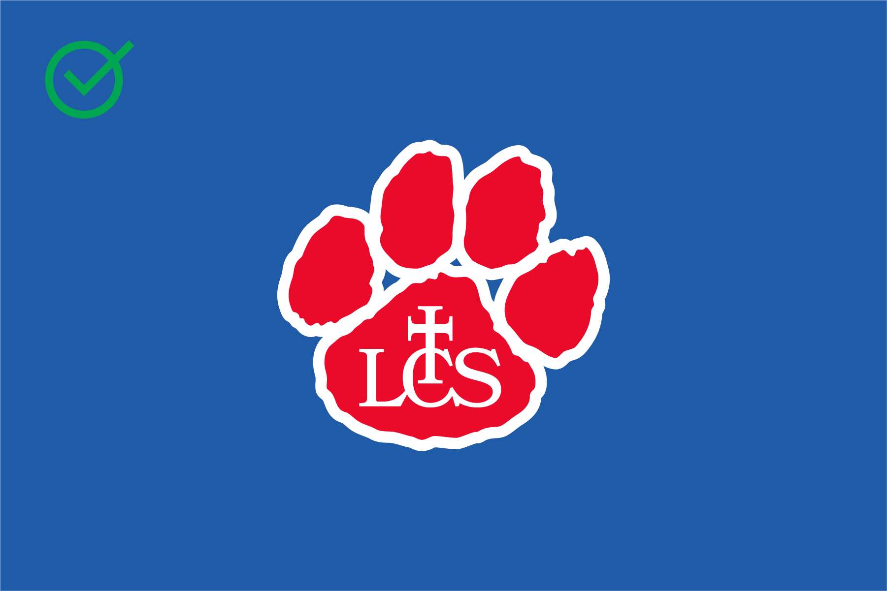 A blue background with a red paw print outline in the center, containing the white letters 'L' 'T' 'S' and a Christian cross symbol.