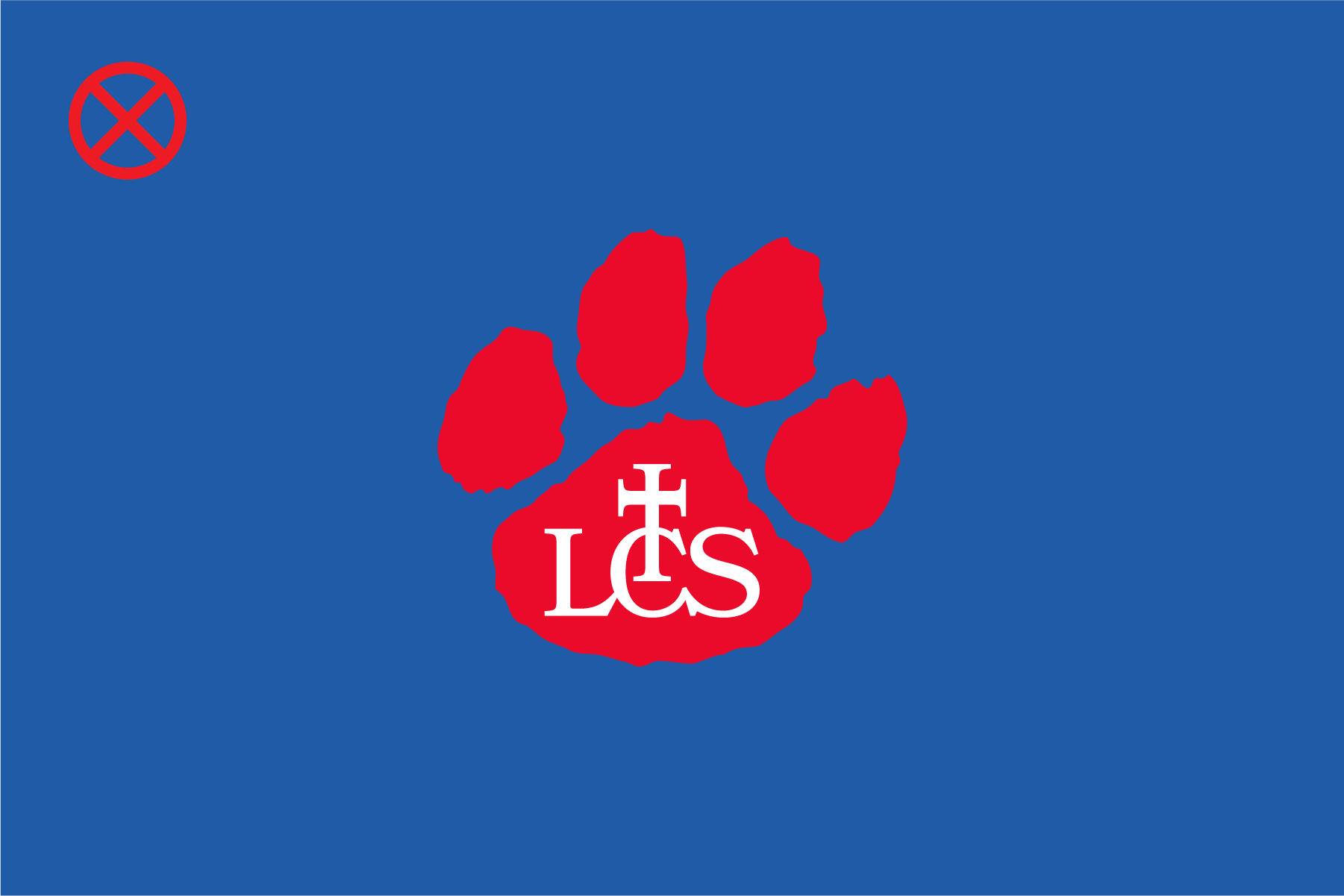 A blue background with a red paw print in the center, containing white texts 'LCS' and a cross symbol above it. A red circle with a line over it in the top left corner.