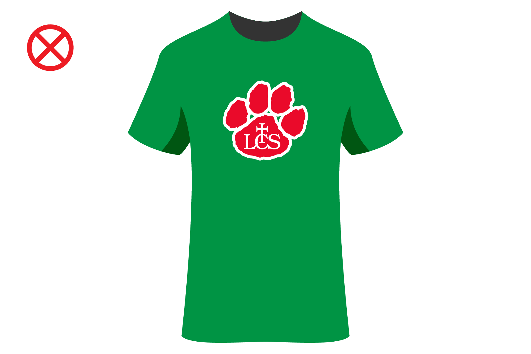 Green t-shirt with a red paw print logo featuring the letters 'LCS' in the center.