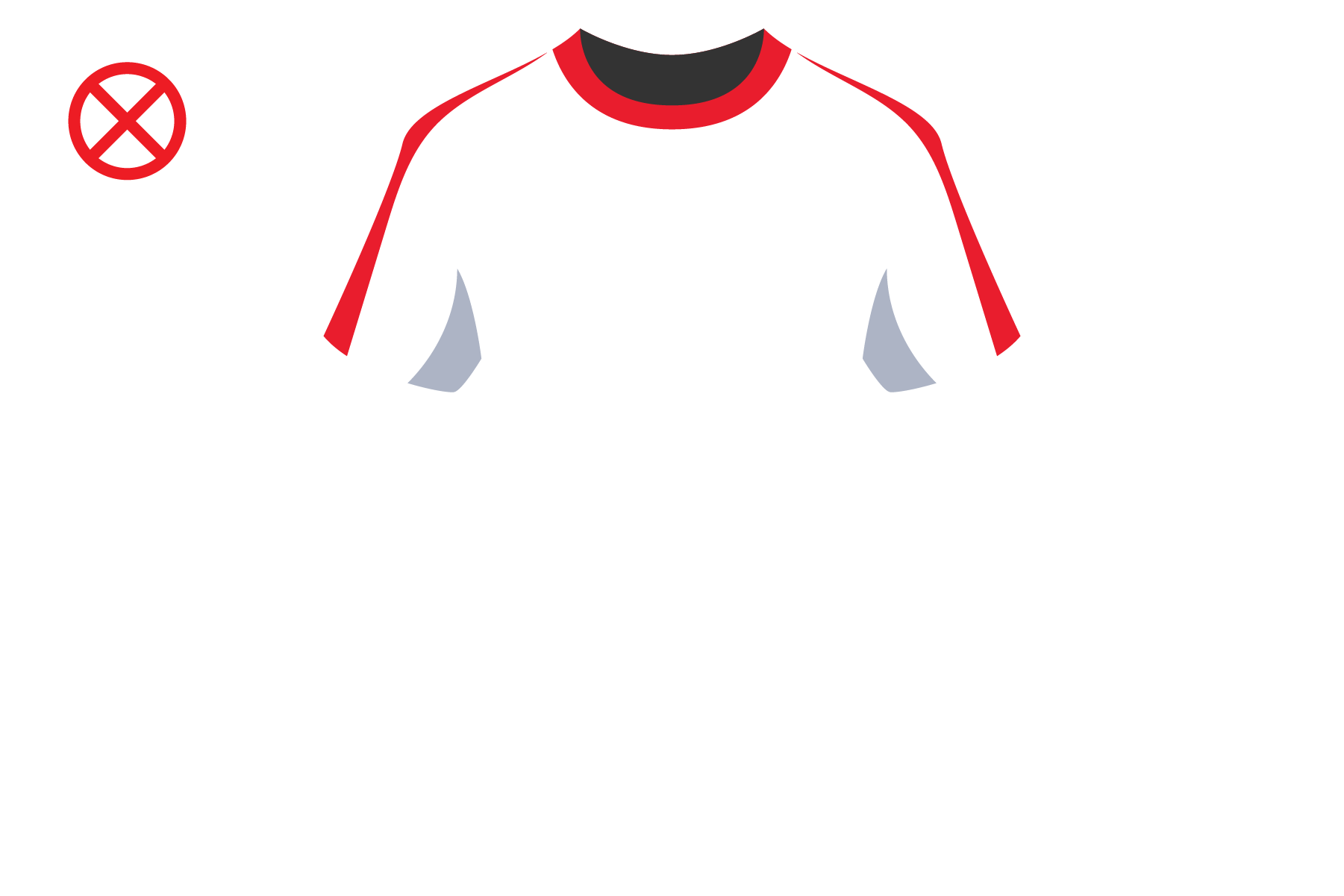 A white athletic T-shirt with red accents on the shoulders and sleeves, and a black collar, against a black background.