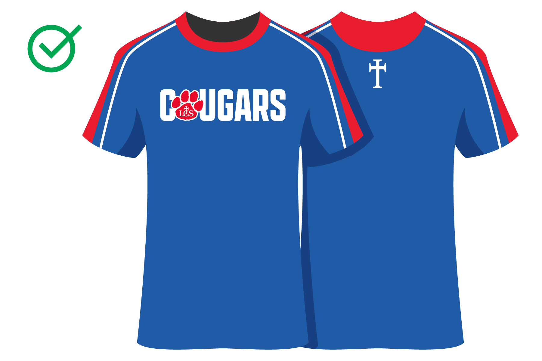 Two blue sports jerseys with red and white accents. The front jersey features the word 'COUGARS' with a paw print logo, while the back has a cross symbol.