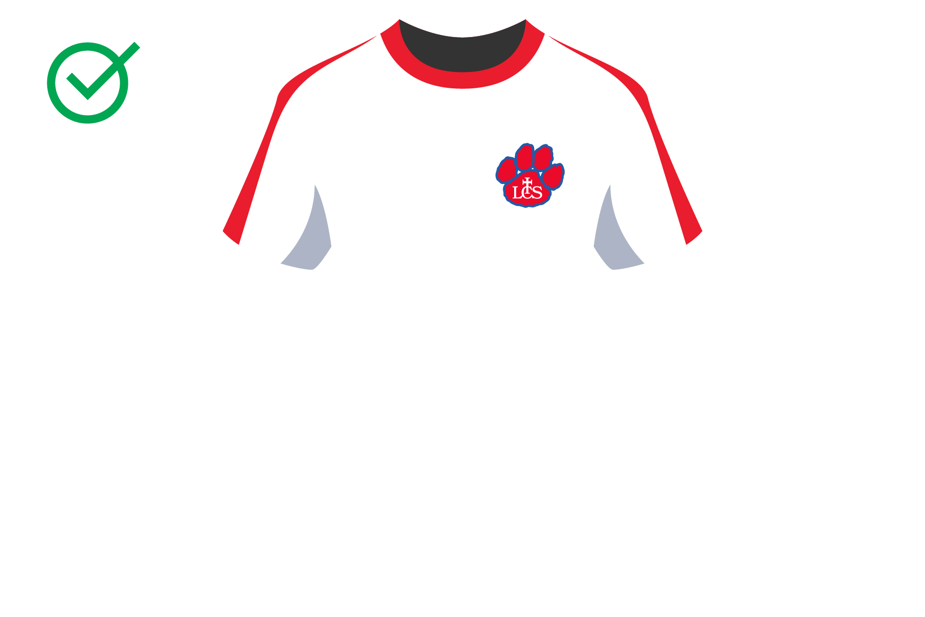White sports jersey with red and black trim, featuring a paw print emblem with 'LKS' on the chest.