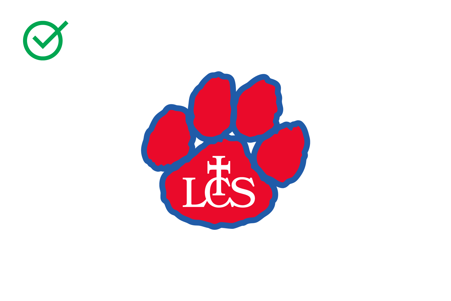 Logo of a red paw print with blue outline and white lettering 'LCS' with a cross symbol above the 'L', indicating support for the Louisville Christian Student organization.