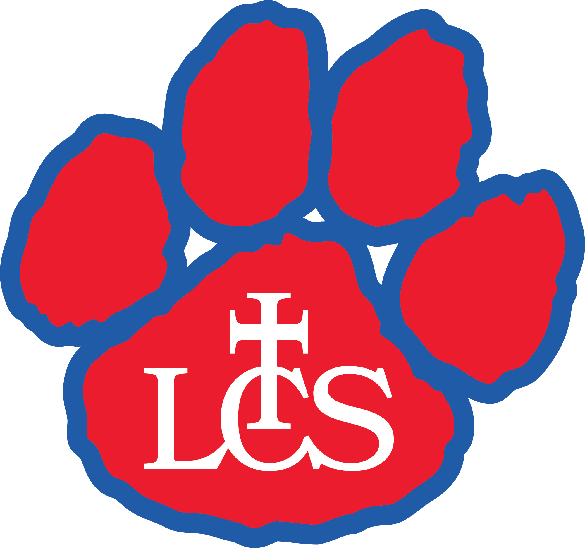 A red paw print with a blue outline, with the letters 'LCS' and a cross symbol inside the paw pad.
