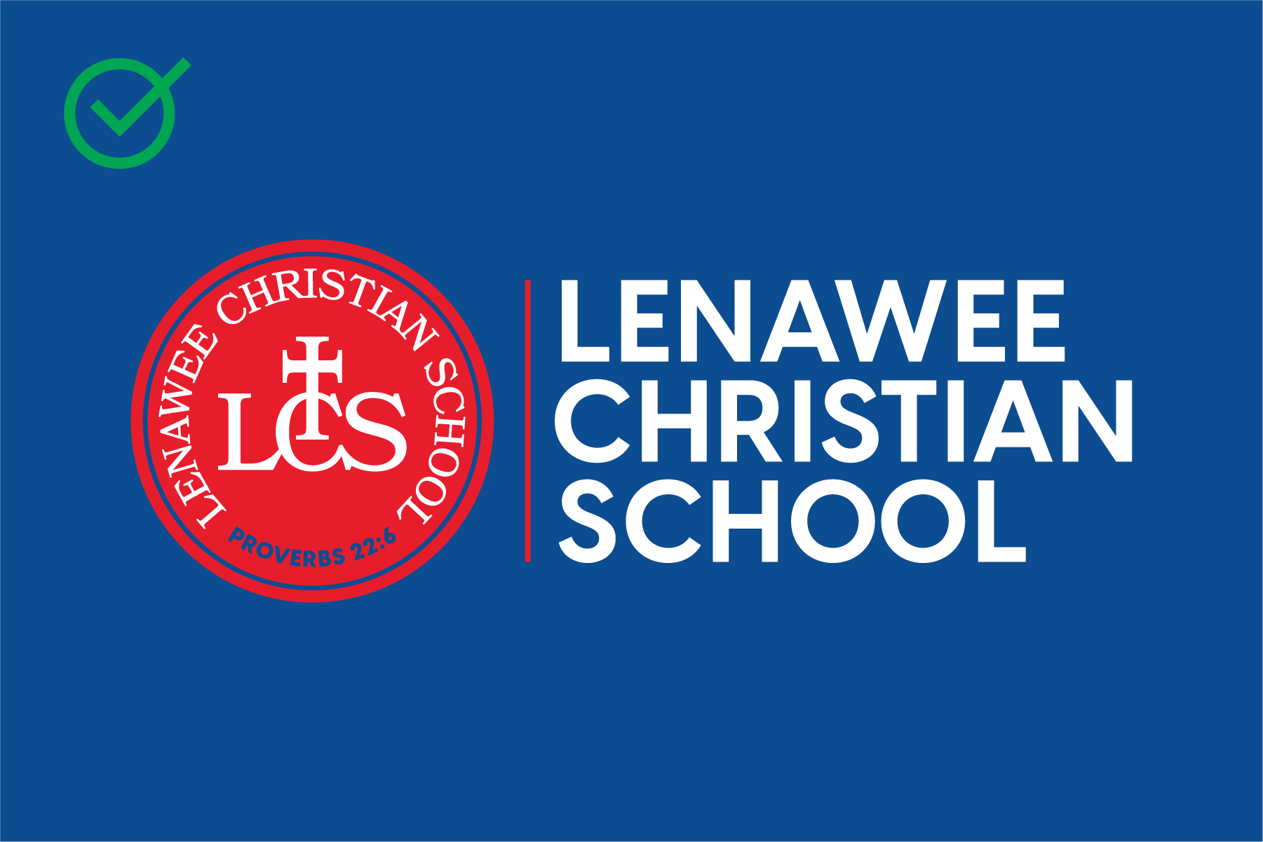 Logo of Lenawee Christian School featuring a red circular emblem with a white cross and the letters LCS, and the school's name in white text on a blue background.