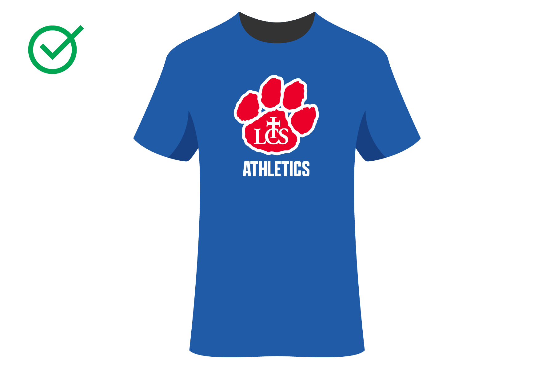 Blue athletic T-shirt with a large red paw print logo featuring the letters 'LCS' and a plus sign inside the paw, with the word 'ATHLETICS' written below.