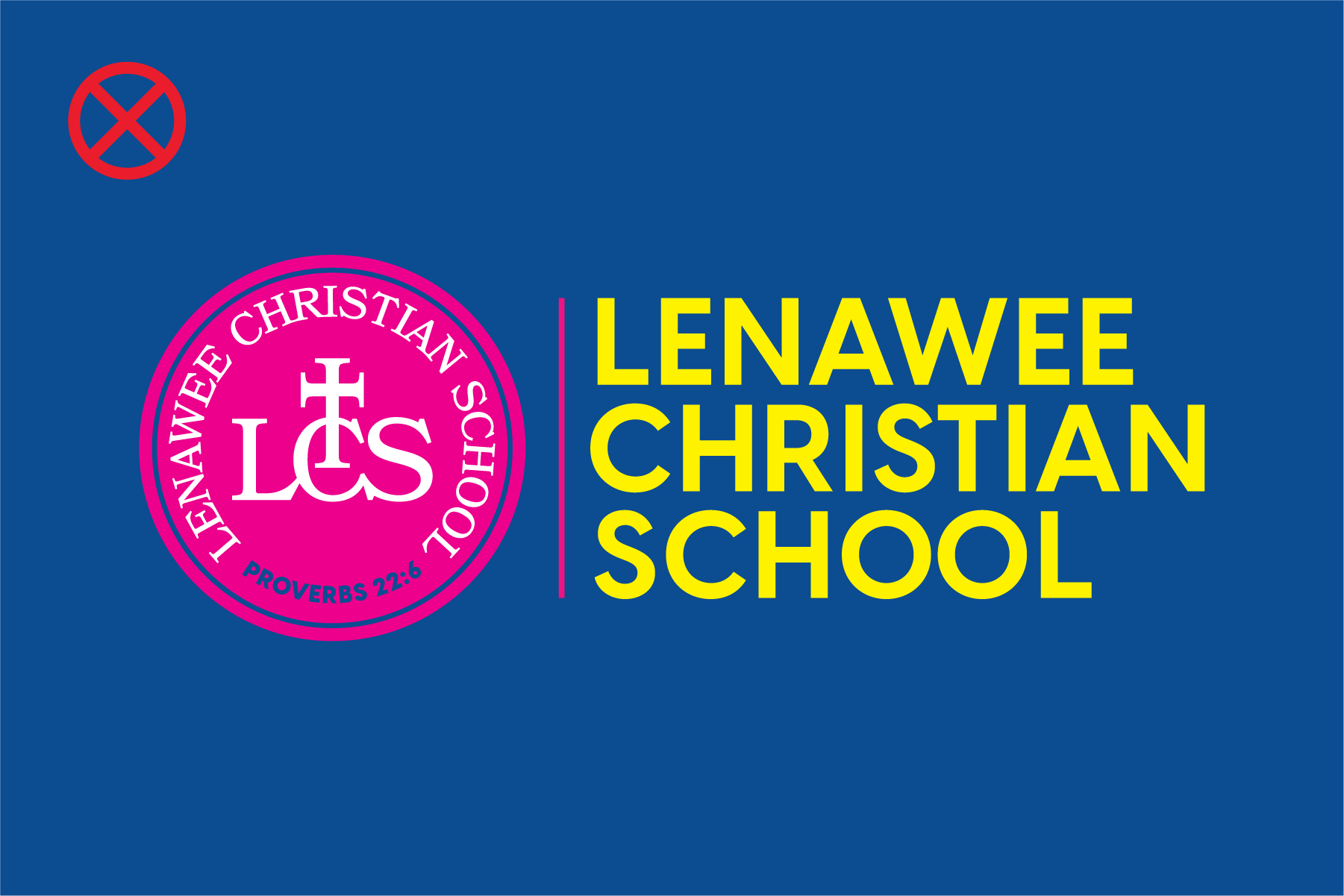 Lenawee Christian School logo with purple circle and white cross, and yellow text on blue background.