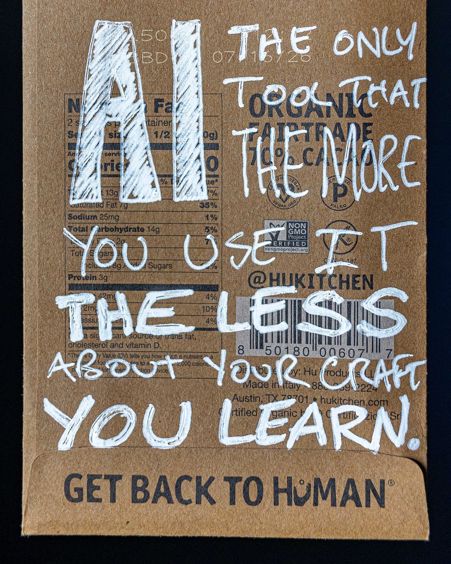 Testing out a new white pen I bought on the back of a cashew butter dark chocolate @hukitchen bar I just finished. It&rsquo;s kinda like drawing with white out minus the smell. 

Reminiscing about a recent chat I had with @jamesvictore about AI. That