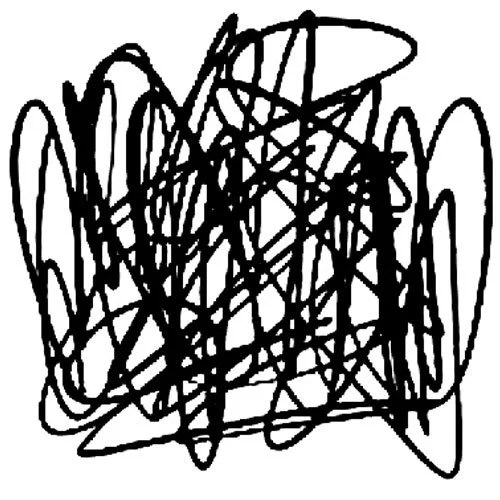 Geometric drawing of an outline square with sections divided by vertical, horizontal, and diagonal lines.